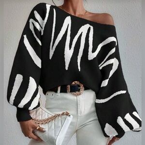 INSTANT ICON Black + White Women's Balloon Sleeve Statement Sweater XS - XXL